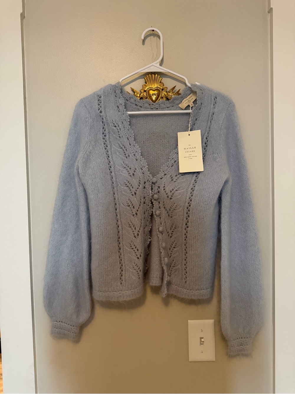 Sézane Pale Blue Lace-Trim Knit Cardigan